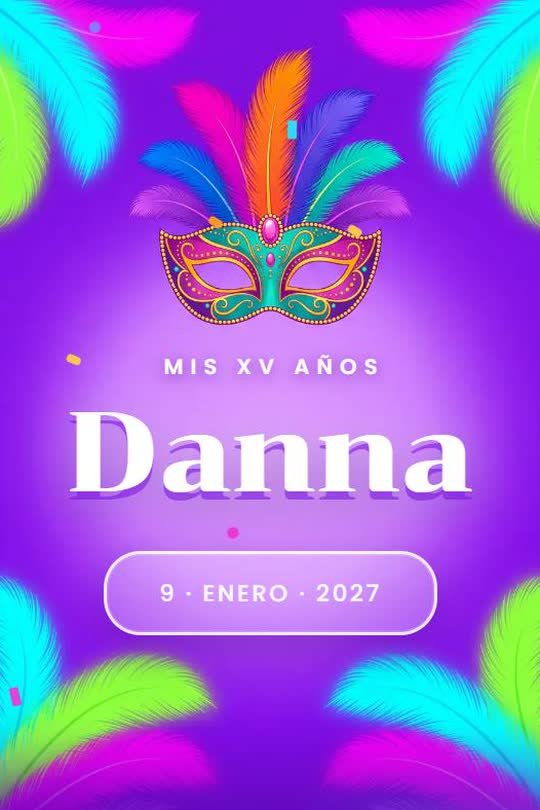Portada de la invitación digital de los XV de Danna, temática carnaval